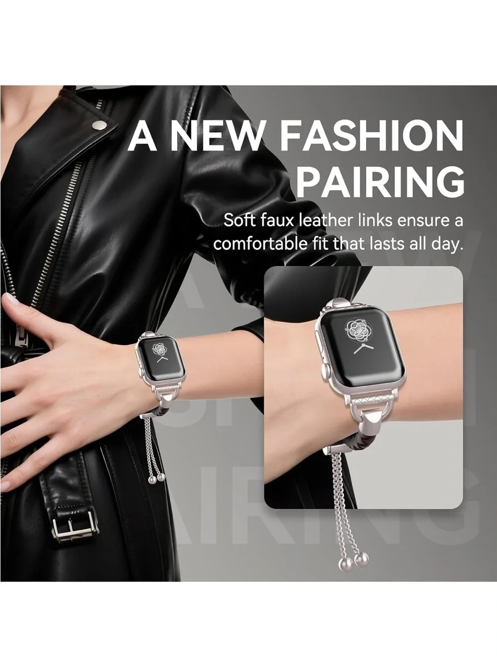 Leather and Metal Band Compatible with Apple Watch Bands for Women, Adjustable D